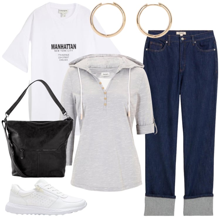 Outfit donna - Manhattan Vibe. Stile Casual chic per Tutti i giorni. Abbinamento con maglieria, t-shirt, borse a spalla, sneakers, orecchini, jeans dritti.