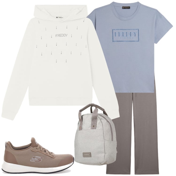 Outfit donna - Dusty Blue & Sporty Comfort. Stile Sporty chic per Sport. Abbinamento con zaini, felpe con cappuccio, pantaloni, t-shirt, sneakers.