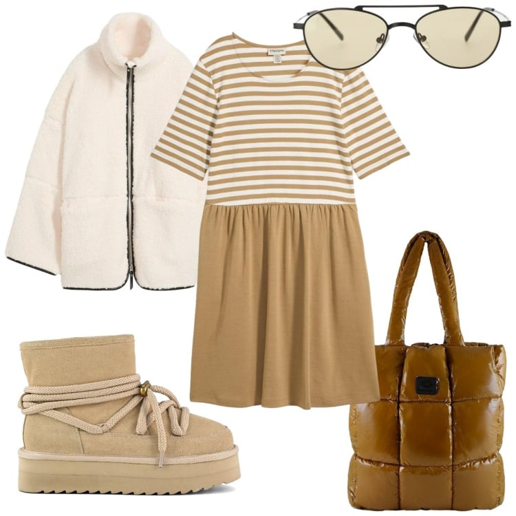 Outfit donna - Abito a righe. Stile Trendy per Tutti i giorni. Abbinamento con vestiti, blazer, occhiali da sole, shopping bag, stivaletti.