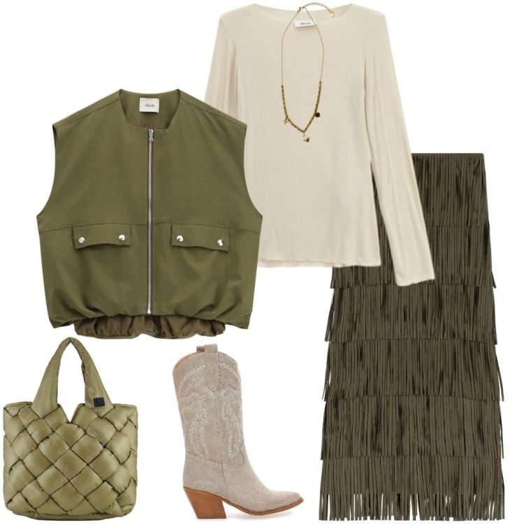 Outfit donna - Sfumature di verde. Stile Sporty chic per Serata fuori. Abbinamento con borse tote, gonne lunghe, gilet, t-shirt, ciondoli, stivaletti texani.
