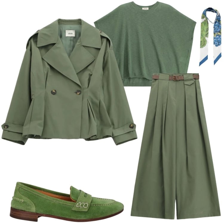 Outfit donna - Sfumature di verde. Stile Urban per Tutti i giorni. Abbinamento con sciarpe, mocassini, pantaloni a palazzo, blazer, top.
