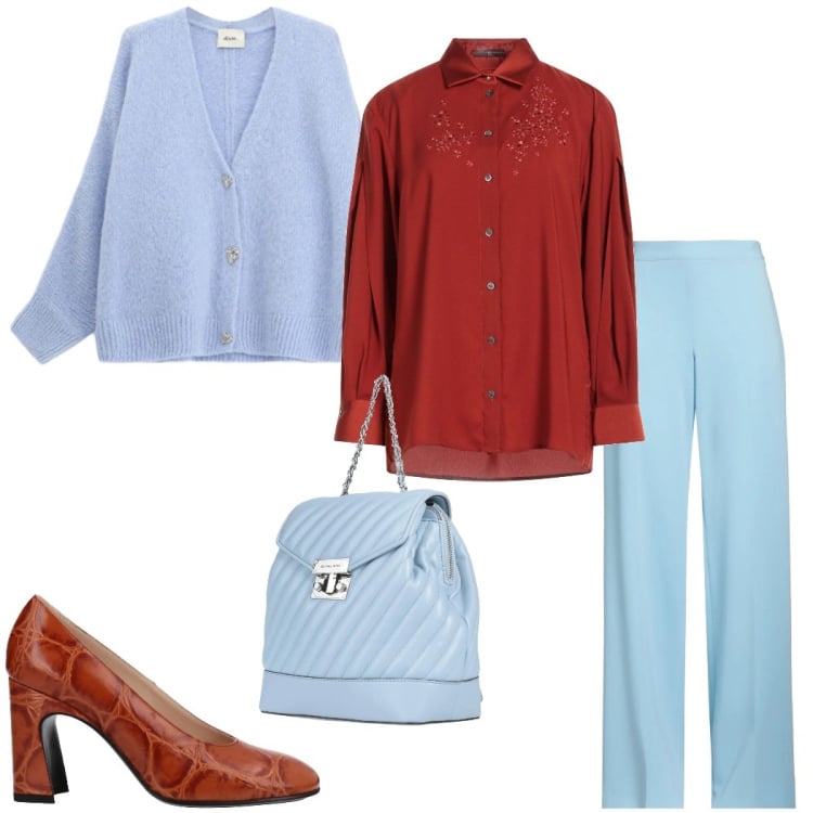 Outfit donna - Celeste e bordeaux. Stile Casual chic per Serata fuori. Abbinamento con décolleté, zaini, camicie, pantaloni, cardigans.