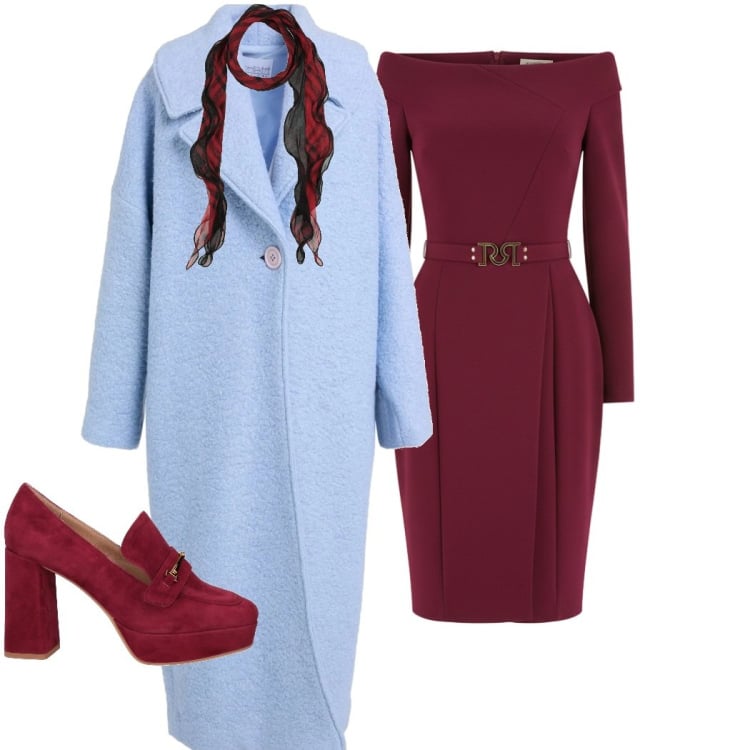 Outfit donna - Celeste e bordeaux. Stile Etnico per Serata fuori. Abbinamento con cappotti, sciarpe, mocassini, vestiti asimmetrici.
