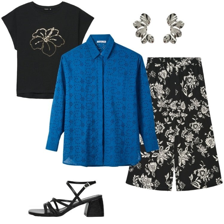 Outfit donna - Total look #2364854. Stile Boho per Tutti i giorni. Abbinamento con pantaloni a palazzo, camicie, t-shirt, sandali col tacco, orecchini.