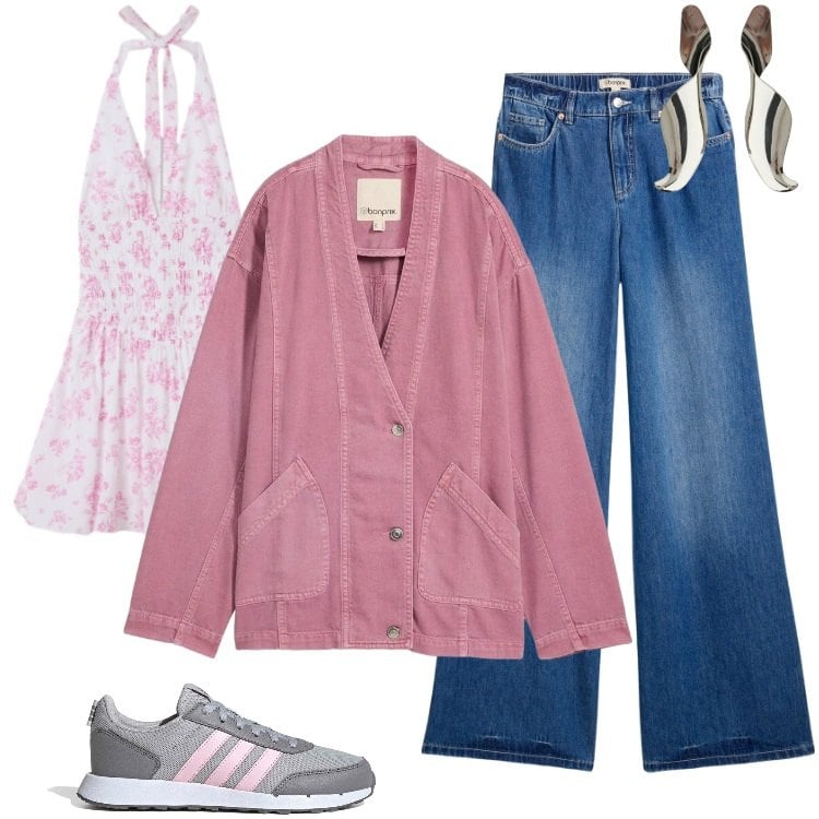 Outfit donna - Total look #2364863. Stile Boho per Tutti i giorni. Abbinamento con jeans, blazer, vestiti corti, orecchini, sneakers.