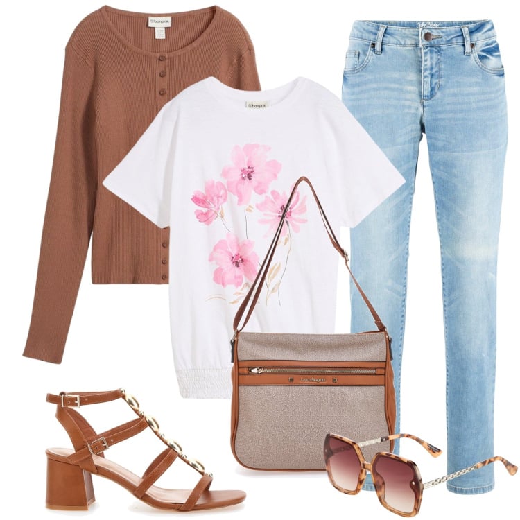 Outfit donna - Total look #2364867-2. Stile Boho per Mare. Abbinamento con jeans dritti, cardigans, t-shirt, occhiali da sole, borse a tracolla, sandali gioiello.