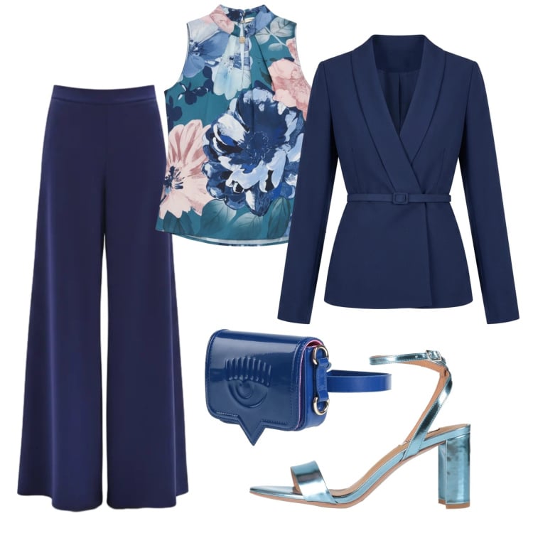Outfit donna - Cerimonia in leggerezza. Stile Chic per Cerimonia. Abbinamento con marsupi, sandali in pelle, blazer, pantaloni a palazzo, top.