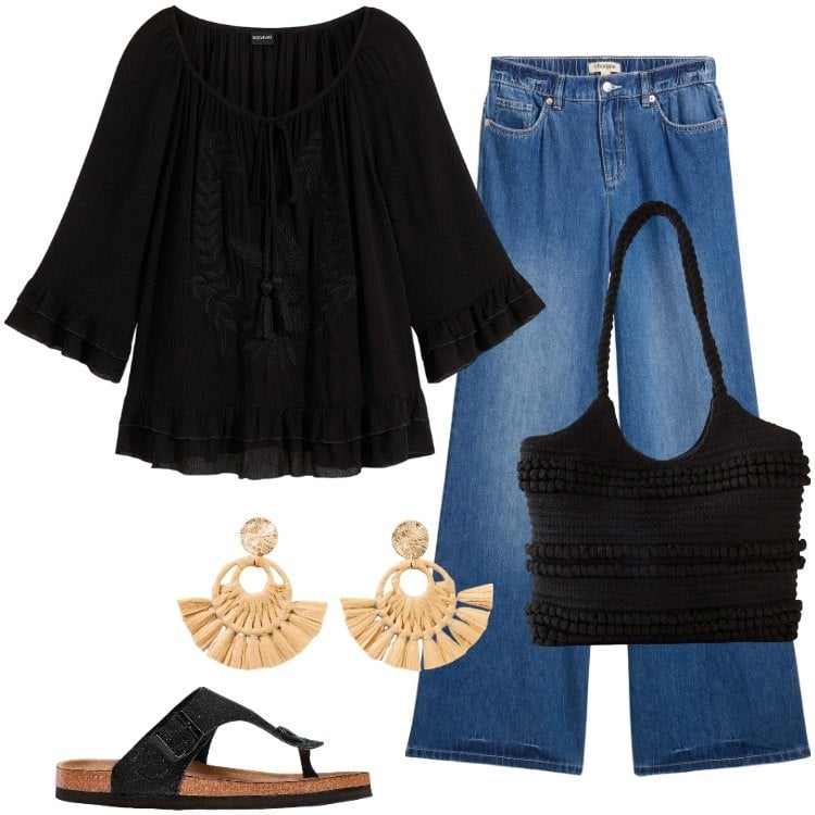 Outfit donna - Total look #2364872. Stile Boho per Tutti i giorni. Abbinamento con tuniche, jeans, shopping bag, infradito, orecchini.