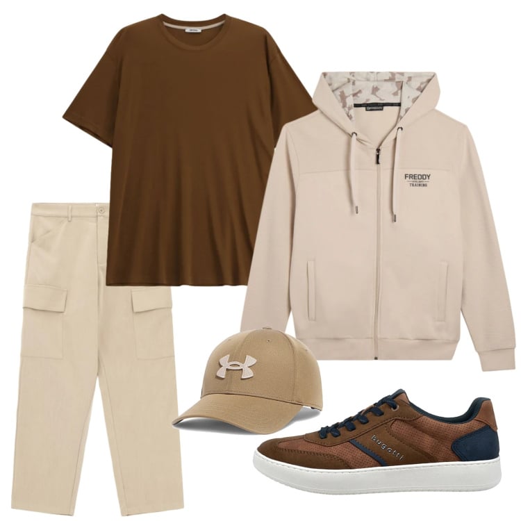 Outfit uomo - I toni della terra. Stile Casual per Tutti i giorni. Abbinamento con t-shirt, pantaloni cargo, felpe con cappuccio, cappelli con visiera, scarpe stringate.