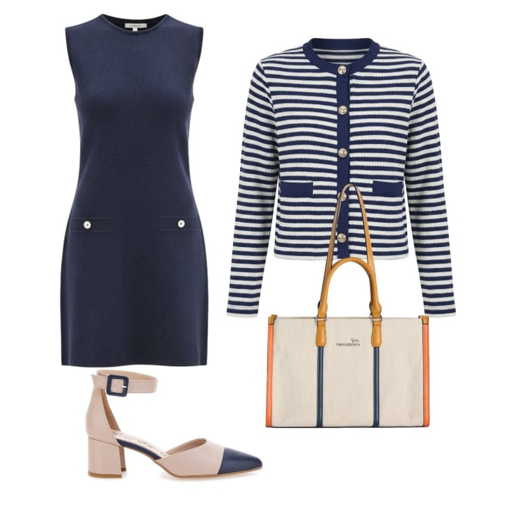 Outfit donna - Righeblu. Stile Bon Ton per Ufficio. Abbinamento con borse tote, cardigans, vestiti corti, décolleté.