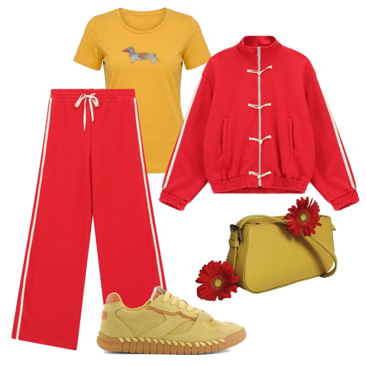 Outfit donna - Primavera colorata. Stile Casual per Tutti i giorni. Abbinamento con t-shirt, felpe, pantaloni a palazzo, borse a spalla, sneakers.