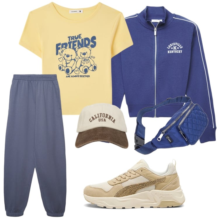 Outfit donna - Per un weekend dedicato alle camminate. Stile Casual per Tutti i giorni. Abbinamento con felpe, cappelli con visiera, t-shirt, pantaloni sportivi, marsupi, sneakers.