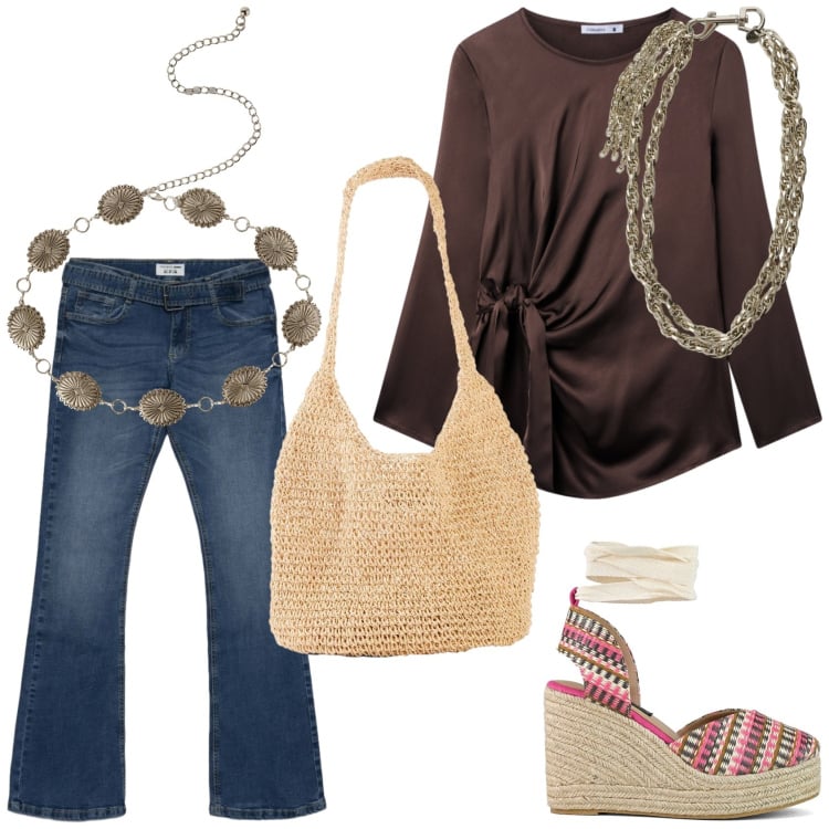 Outfit donna - Boho in primavera. Stile Boho per Tutti i giorni. Abbinamento con shopping bag, bluse, cinture, jeans a zampa, collane, zeppe.