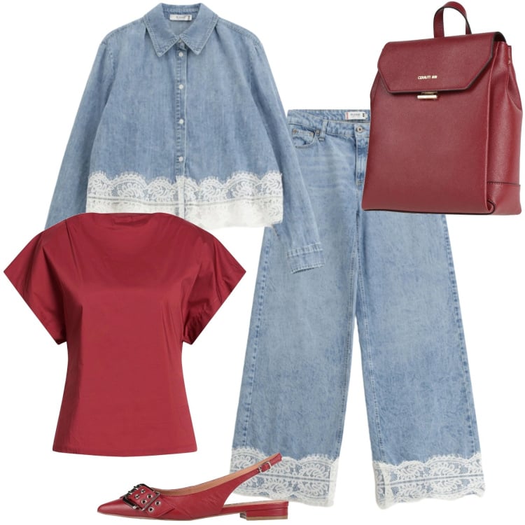 Outfit donna - Celeste e bordeaux per Pamela. Stile Trendy per Tutti i giorni. Abbinamento con top, zaini, ballerine, camicie, jeans.