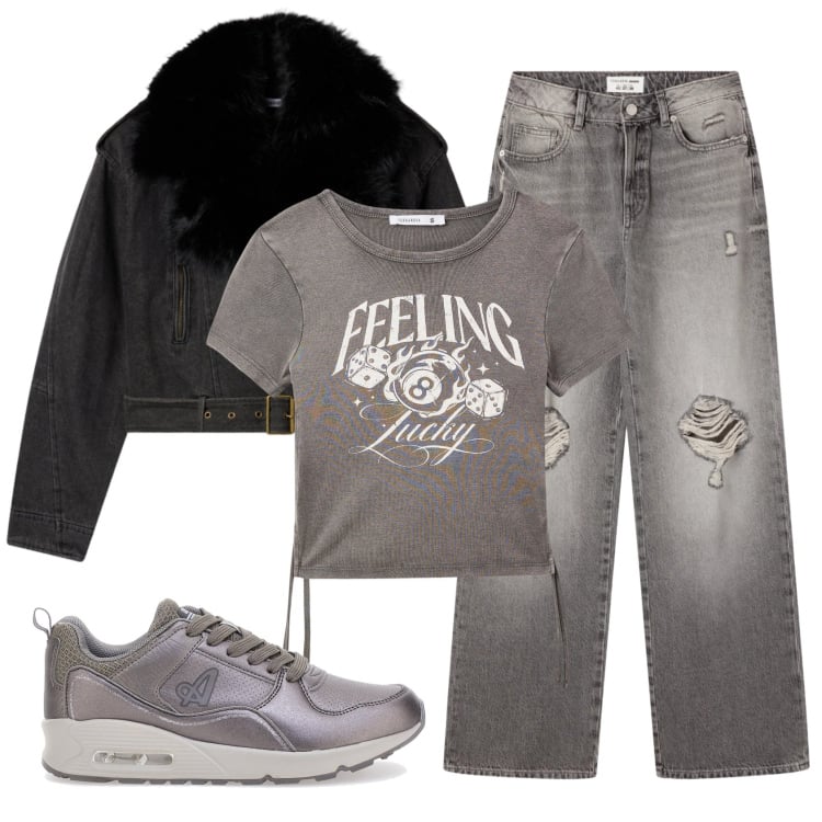 Outfit donna - Total look #2364886. Stile Casual per Tutti i giorni. Abbinamento con t-shirt, jeans strappati, giacche, sneakers.
