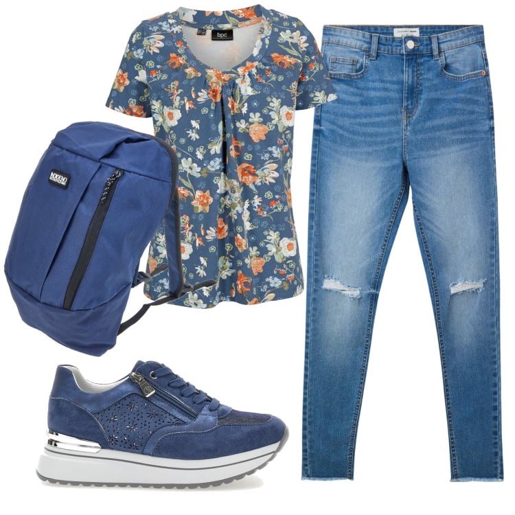 Outfit donna - Total look #2364888. Stile Casual per Tutti i giorni. Abbinamento con t-shirt, jeans strappati, sneakers, zaini.