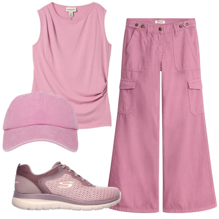 Outfit donna - Total look #2364893. Stile Basic per Tutti i giorni. Abbinamento con top, pantaloni cargo, cappelli con visiera, sneakers.