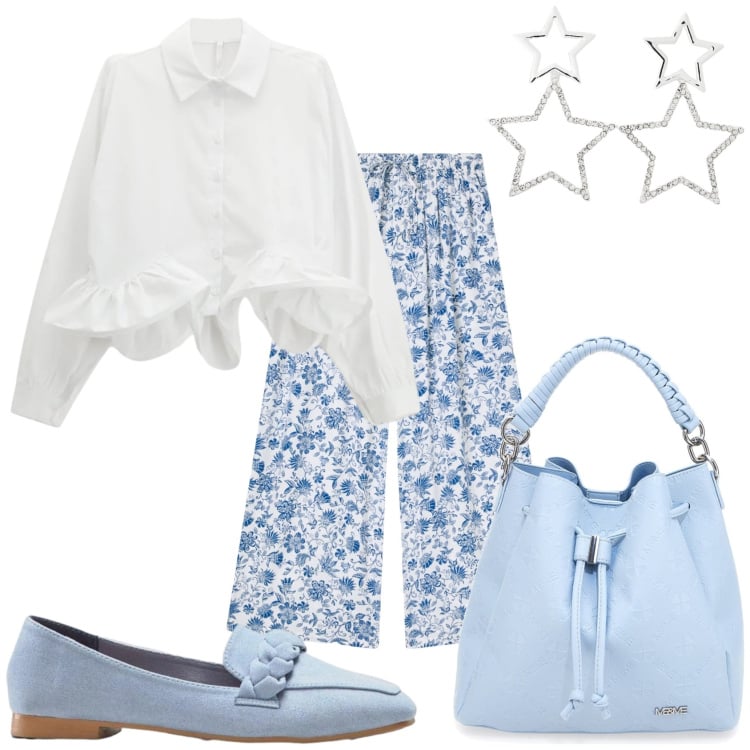 Outfit donna - È arrivata la primavera. Stile Casual chic per Tutti i giorni. Abbinamento con mocassini, orecchini, pantaloni a palazzo, camicie, borse a secchiello.