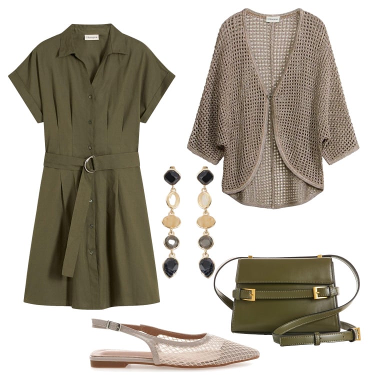 Outfit donna - Leggerezza in verde. Stile Trendy per Tutti i giorni. Abbinamento con vestiti, cardigans, borse a tracolla, cappelli con visiera, ballerine.