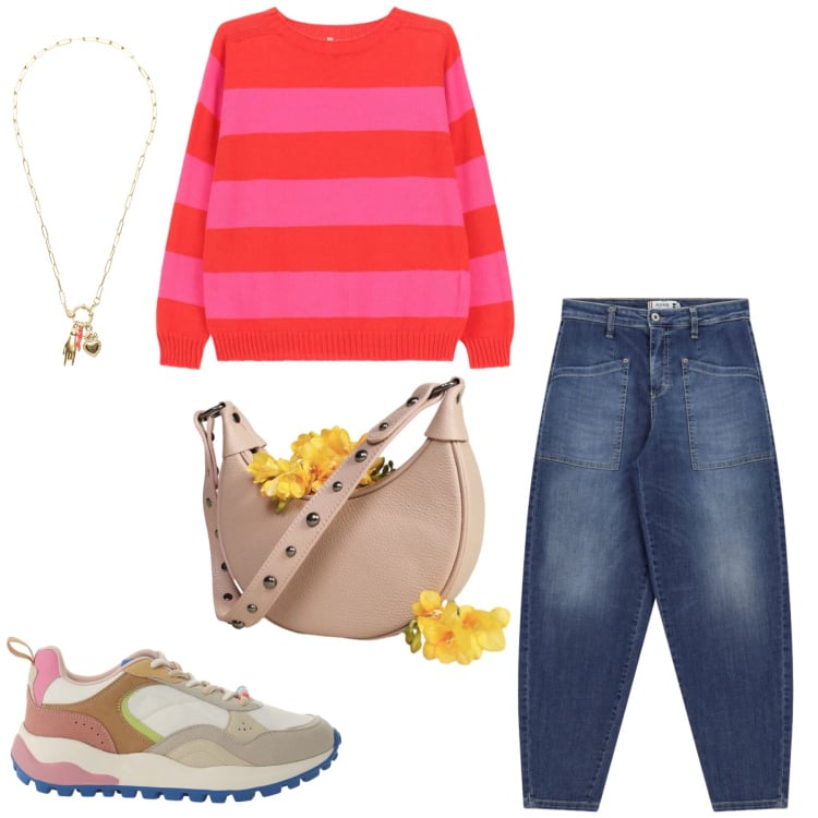 Outfit donna - Vibrazioni Pop. Stile Casual chic per Tutti i giorni. Abbinamento con jeans, maglieria, sneakers, borse a spalla, ciondoli.