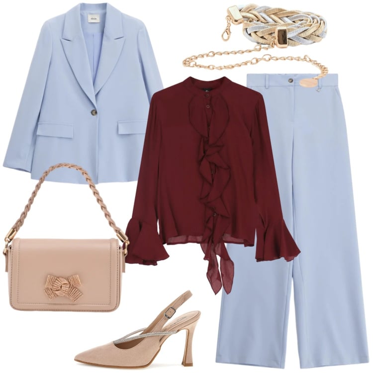Outfit donna - Celeste e bordeaux per Pamela. Stile Chic per Cerimonia. Abbinamento con pochette, cinture, camicie, pantaloni a palazzo, blazer, décolleté.