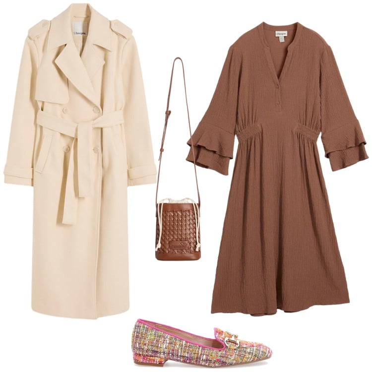 Outfit donna - Chic ogni giorno. Stile Chic per Tutti i giorni. Abbinamento con vestiti midi/longuette, trench, borse a secchiello, mocassini.