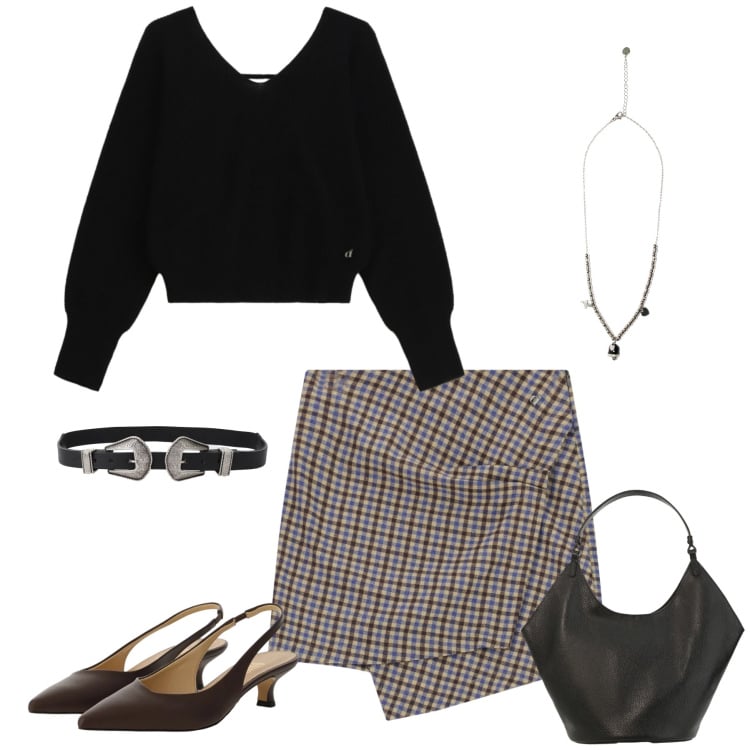 Outfit donna - Eleganza Quotidiana. Stile Casual chic per Tutti i giorni. Abbinamento con borse a spalla, minigonne, maglieria, décolleté, cinture, ciondoli.