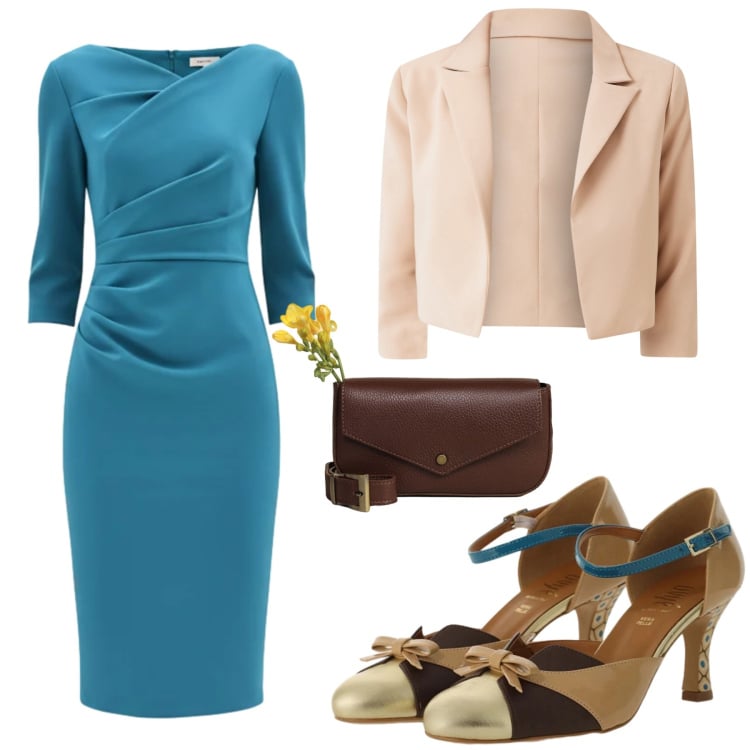 Outfit donna - Drappeggi Metropolitani. Stile Bon Ton per Cerimonia. Abbinamento con vestiti asimmetrici, blazer, décolleté, borse a tracolla.