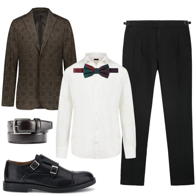 Outfit uomo - Toni: testimone d\'aprile. Stile Business/Elegante per Cerimonia. Abbinamento con giacche, camicie, papillon, cinture, pantaloni, scarpe stringate.