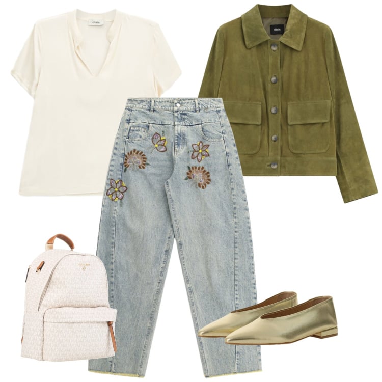 Outfit donna - Bohémien e Raffinato. Stile Boho per Tutti i giorni. Abbinamento con zaini, giacche, ballerine, t-shirt, jeans.