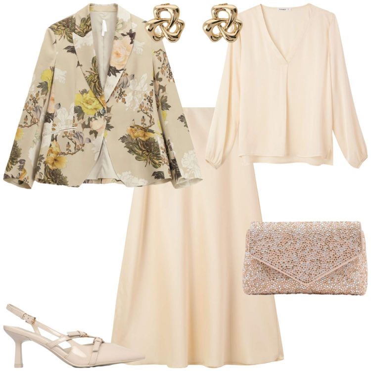 Outfit donna - Chic cerimonia evento week end. Stile Chic per Cerimonia. Abbinamento con gonne lunghe, décolleté, bluse, pochette, blazer, orecchini.