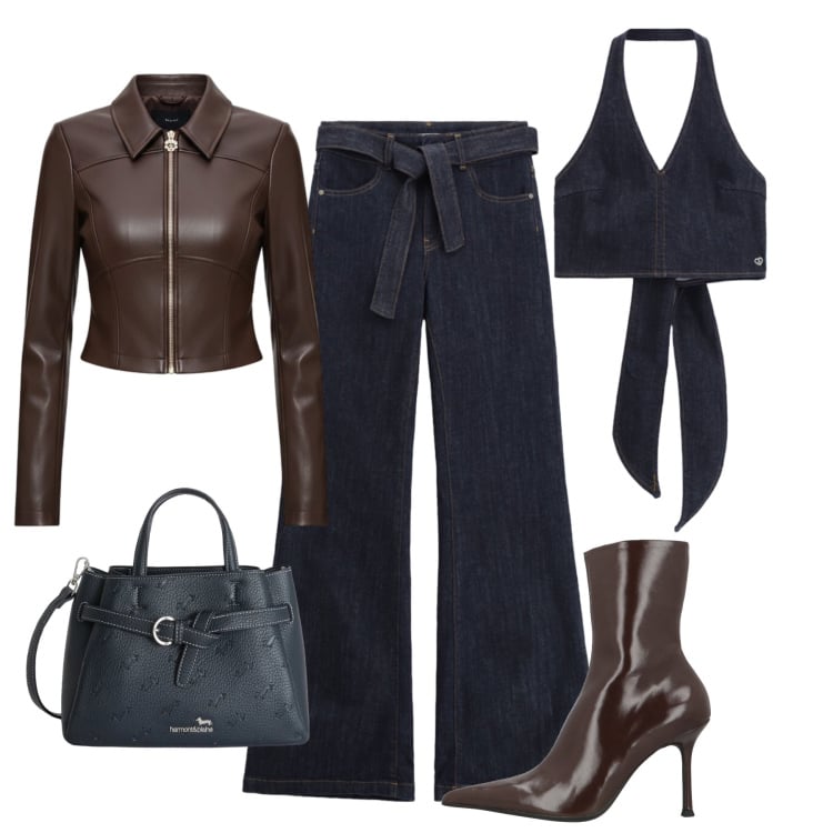 Outfit donna - Serata denim cioccolato. Stile 70s per Serata fuori. Abbinamento con stivaletti, borse a mano, jeans a zampa, top, giacche.