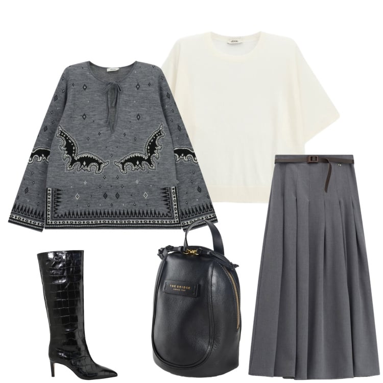 Outfit donna - Eleganza Quotidiana. Stile Romantica per Tutti i giorni. Abbinamento con zaini, stivali, maglieria, gonne lunghe, t-shirt.