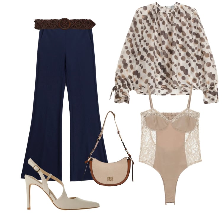 Outfit donna - Pois e trasparenze. Stile Chic per Serata fuori. Abbinamento con cinture, bluse, borse a tracolla, décolleté, pantaloni, body.