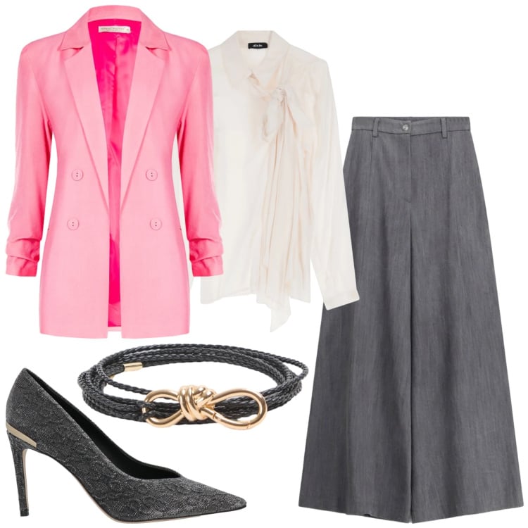 Outfit donna - Fucsia Revolution & Silk. Stile Glamour per Ufficio. Abbinamento con décolleté, cinture, blazer, pantaloni a palazzo, camicie.