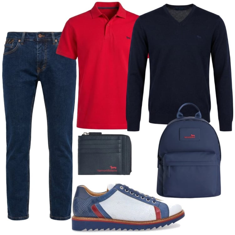 Outfit uomo - Nunzio: o\' professore. Stile Urban per Tutti i giorni. Abbinamento con jeans, pullovers, borse sportive, portamonete, polo, scarpe stringate.