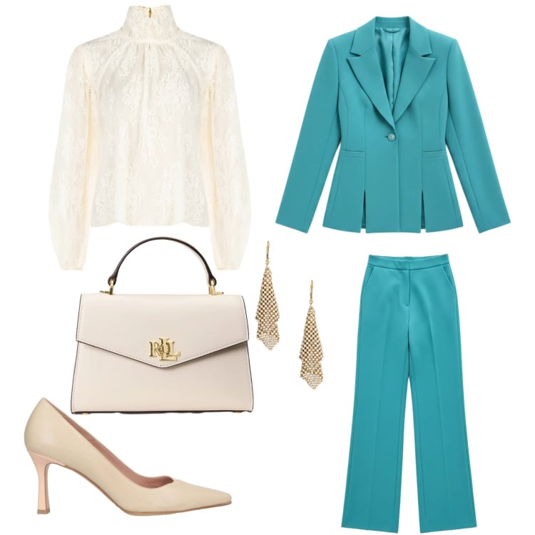 Outfit donna - Total look #2364927. Stile Chic per Cerimonia. Abbinamento con décolleté, pantaloni a palazzo, blazer, bluse, orecchini, borse a mano.