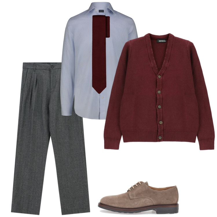 Outfit uomo - British mood. Stile Business/Elegante per Tutti i giorni. Abbinamento con cardigans, pantaloni, scarpe stringate, cravatte, camicie.