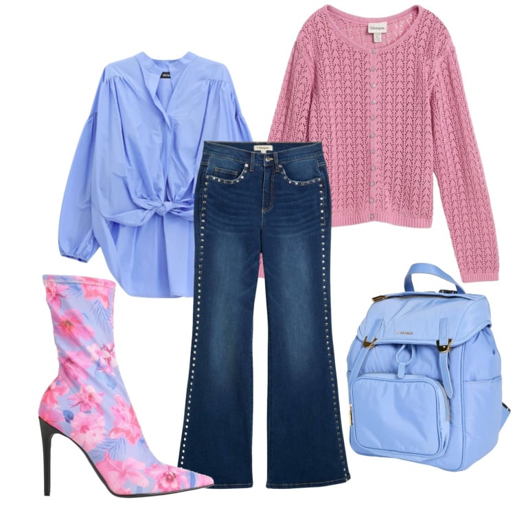 Outfit donna - Petali. Stile Casual chic per Tutti i giorni. Abbinamento con zaini, stivaletti, jeans a zampa, cardigans, camicie.