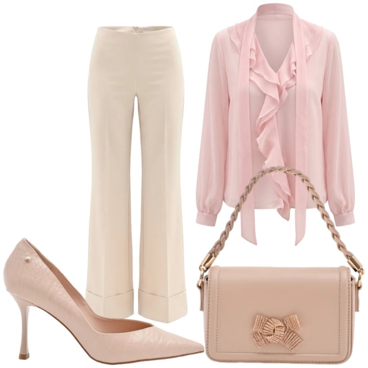 Outfit donna - Camicetta frou frou. Stile Chic per Serata fuori. Abbinamento con bluse, pantaloni a palazzo, pochette, décolleté.