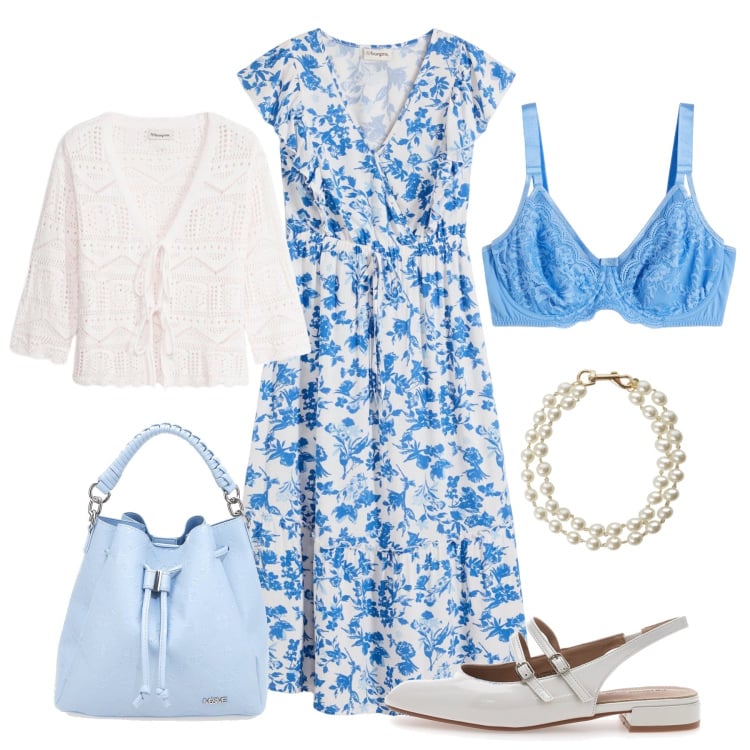 Outfit donna - Fiorellini e pizzo. Stile Romantica per Tutti i giorni. Abbinamento con vestiti midi/longuette, cardigans, reggiseni, braccialetti, ballerine, borse a secchiello.