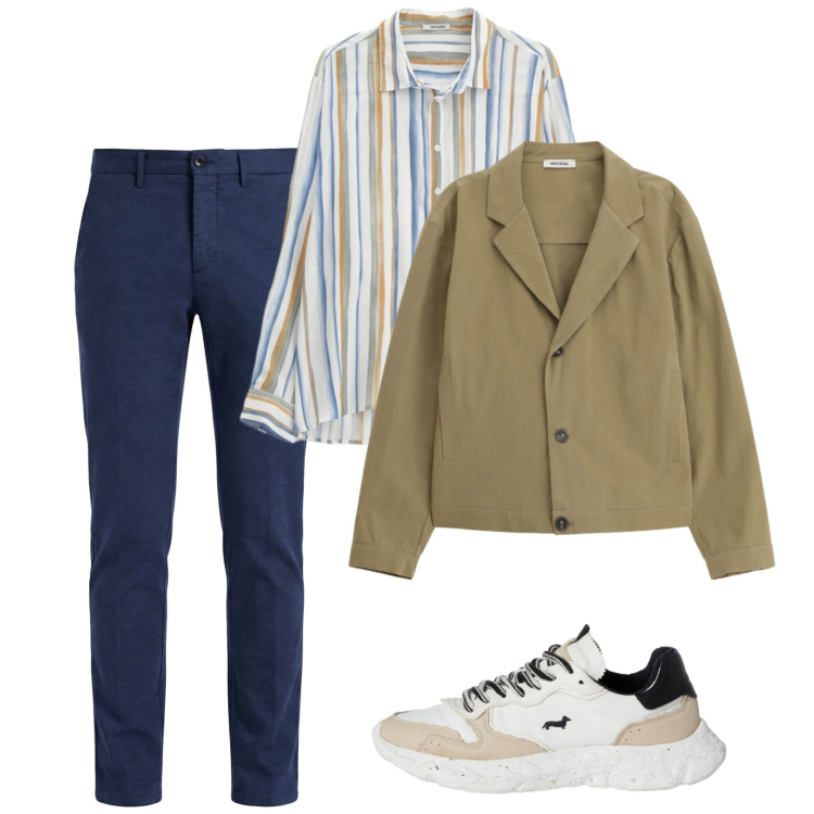 Outfit uomo - Righe di primavera. Stile Casual per Tutti i giorni. Abbinamento con camicie, giacche, sneakers, pantaloni chino.