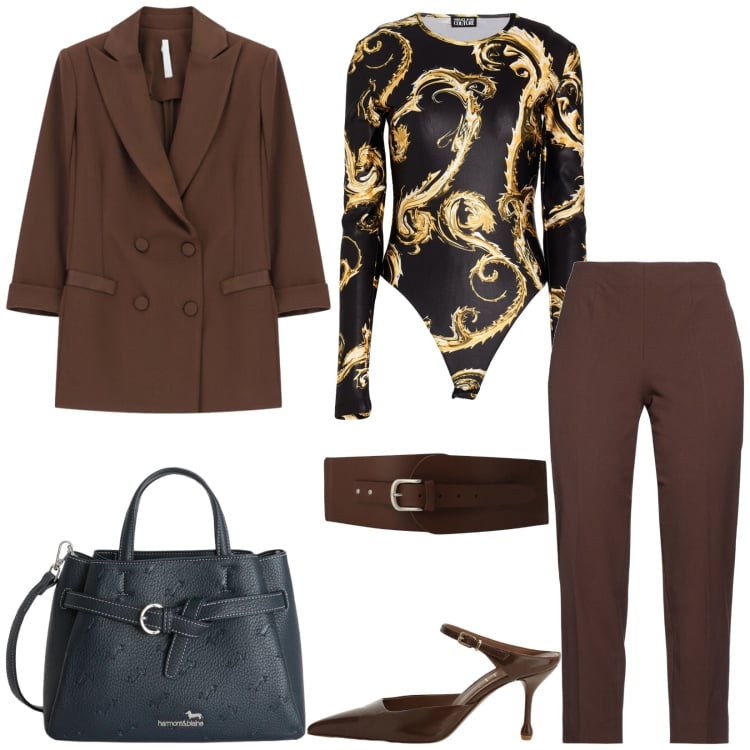 Outfit donna - Total look #2364945. Stile Glamour per Serata fuori. Abbinamento con pantaloni, body, borse a mano, blazer, décolleté, cinture.