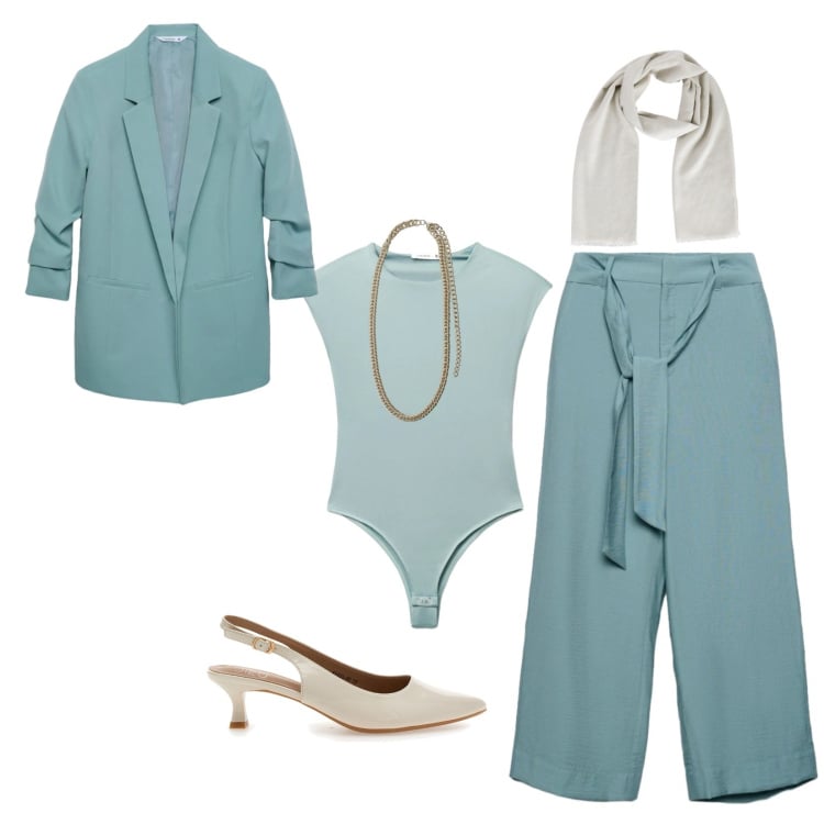Outfit donna - Soft. Stile Casual chic per Ufficio. Abbinamento con top, blazer, pantaloni a palazzo, foulard, collane, décolleté.