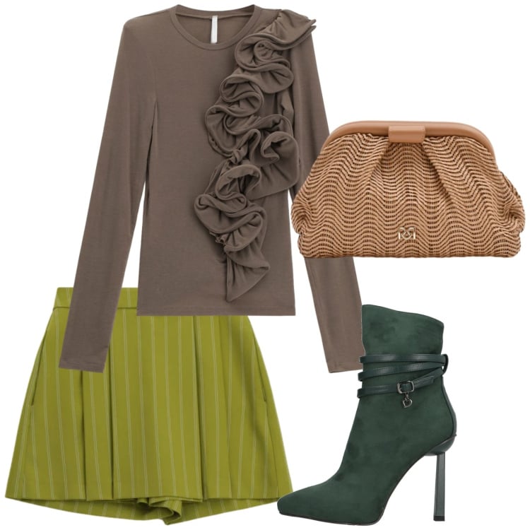 Outfit donna - Total look #2364947. Stile Chic per Serata fuori. Abbinamento con stivaletti, t-shirt, shorts, pochette.