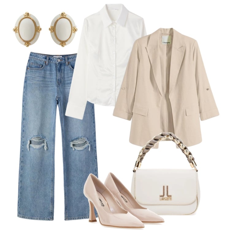 Outfit donna - Serata con gli amici. Stile Casual chic per Serata fuori. Abbinamento con blazer, jeans strappati, camicie, orecchini, borse a tracolla, décolleté.