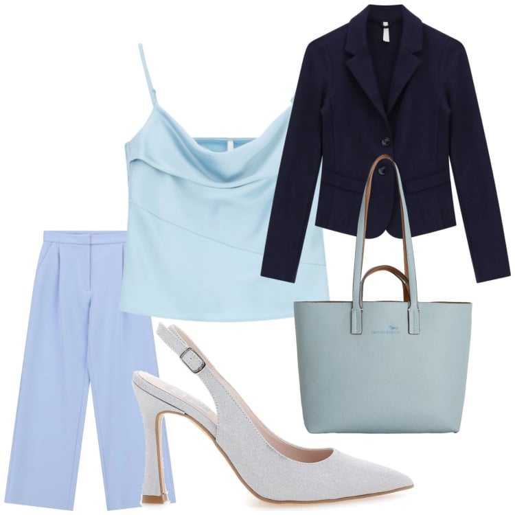 Outfit donna - Blu, azzurro & co.. Stile Chic per Serata fuori. Abbinamento con shopping bag, canottiere, pantaloni, blazer, décolleté.