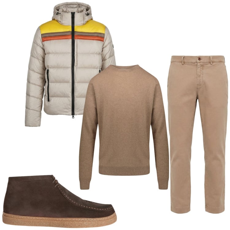 Outfit uomo - Total look #2364959. Stile Trendy per Tutti i giorni. Abbinamento con pantaloni chino, stivali e stivaletti, piumini, maglieria.