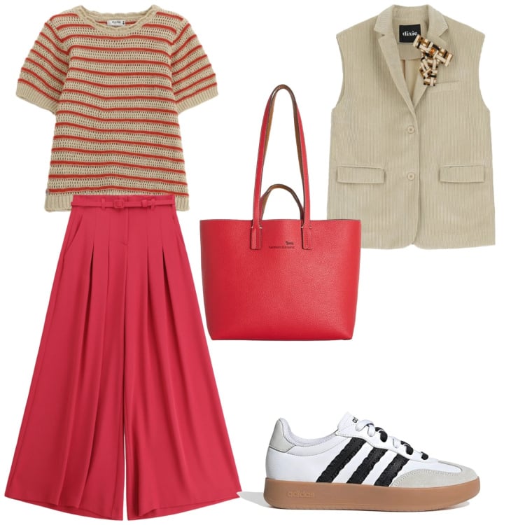 Outfit donna - Next springs. Stile Casual chic per Tutti i giorni. Abbinamento con shopping bag, pantaloni a palazzo, gilet, t-shirt, sneakers.