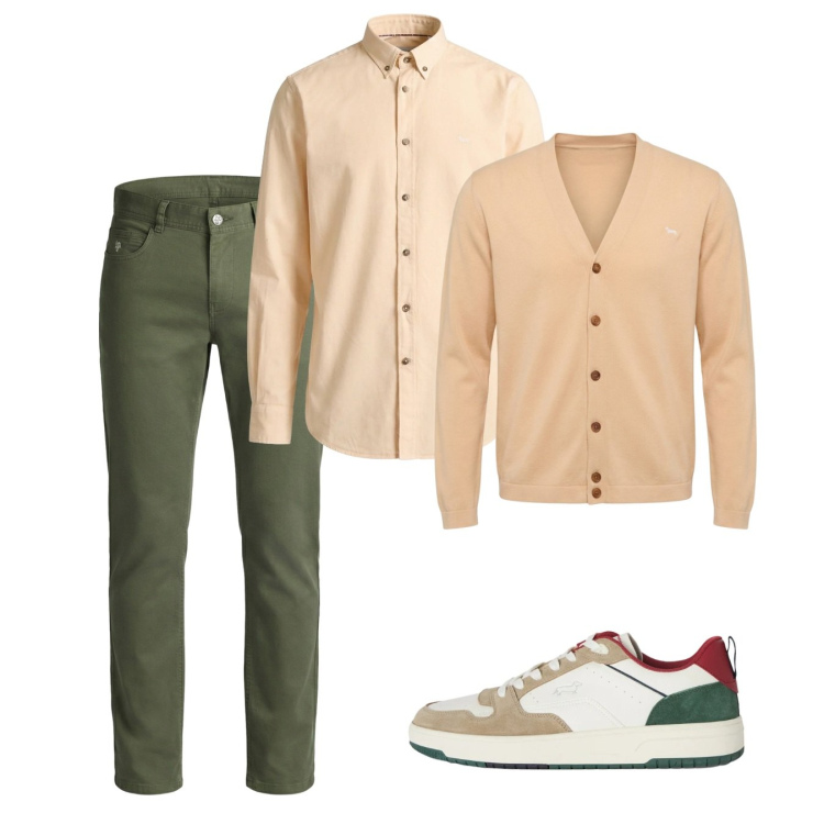 Outfit uomo - Marzo. Stile Casual per Tutti i giorni. Abbinamento con sneakers, cardigans, camicie, pantaloni.